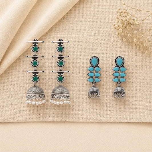 Royal Triple Bell Layered Earring (Green) Dazzle Dash Jhumki earring (Sky Blue) Combo set