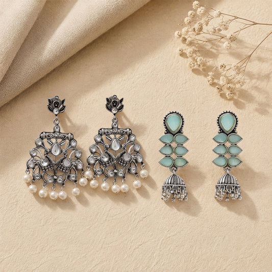 Peacock glow stone studded dangler earrings (White) Dazzle Dash Jhumki earring (Mint) Combo set
