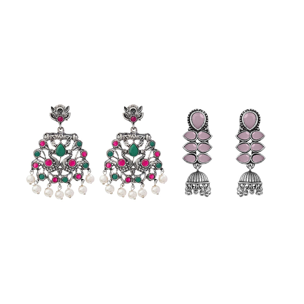 Peacock glow stone studded dangler earrings (Multicolored) Dazzle Dash Jhumki earring (Baby Pink) Combo set