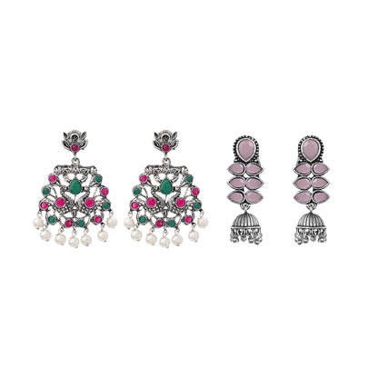 Peacock glow stone studded dangler earrings (Multicolored) Dazzle Dash Jhumki earring (Baby Pink) Combo set