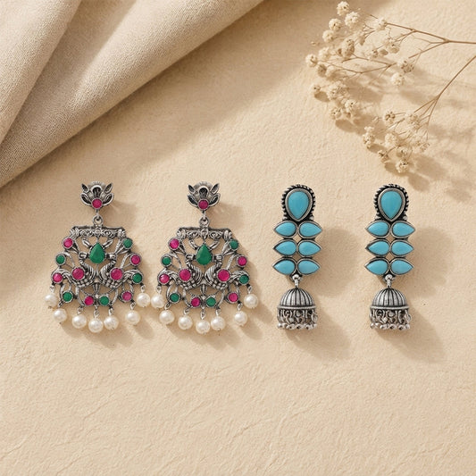 Peacock glow stone studded dangler earrings (Multicolored) Dazzle Dash Jhumki earring (Sky Blue) Combo set