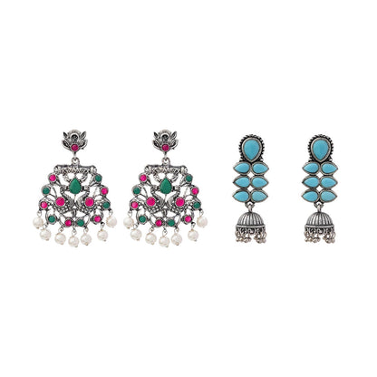 Peacock glow stone studded dangler earrings (Multicolored) Dazzle Dash Jhumki earring (Sky Blue) Combo set