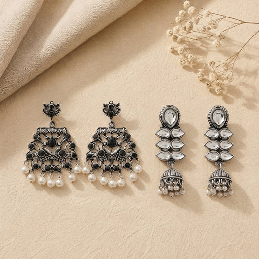 Peacock glow stone studded dangler earrings (Black) Dazzle Dash Jhumki earring (White) Combo set