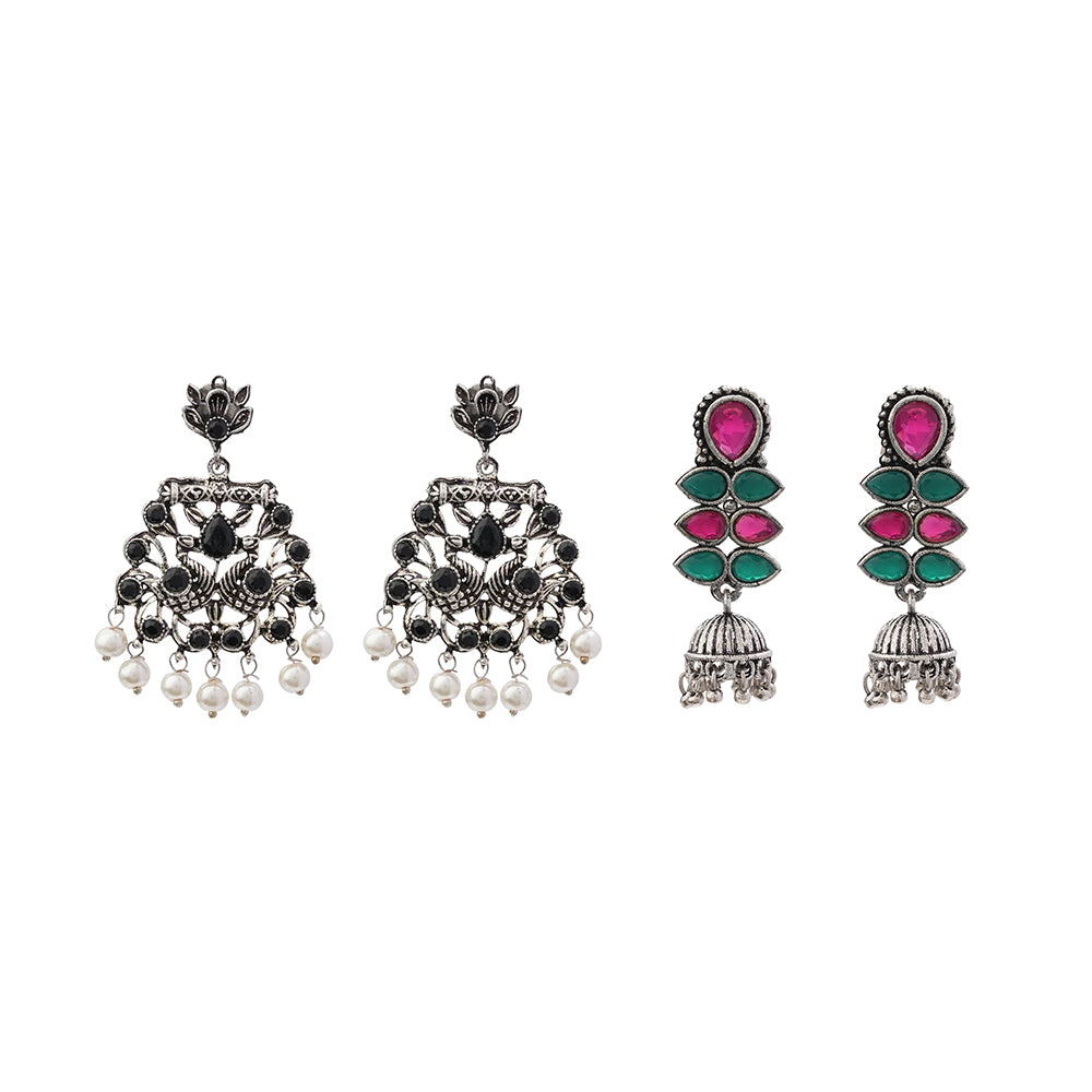 Peacock glow stone studded dangler earrings (Black) Dazzle Dash Jhumki earring (Multicolored) Combo set