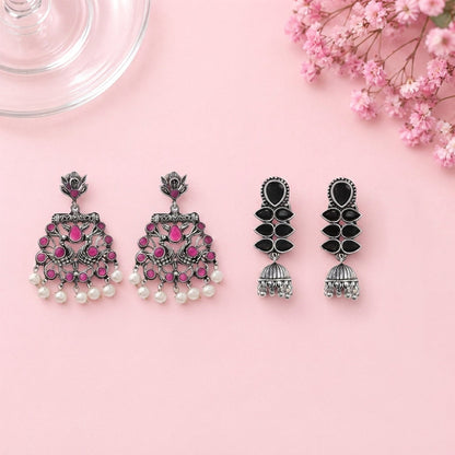 Peacock glow stone studded dangler earrings (Red) Dazzle Dash Jhumki earring (Black) Combo set