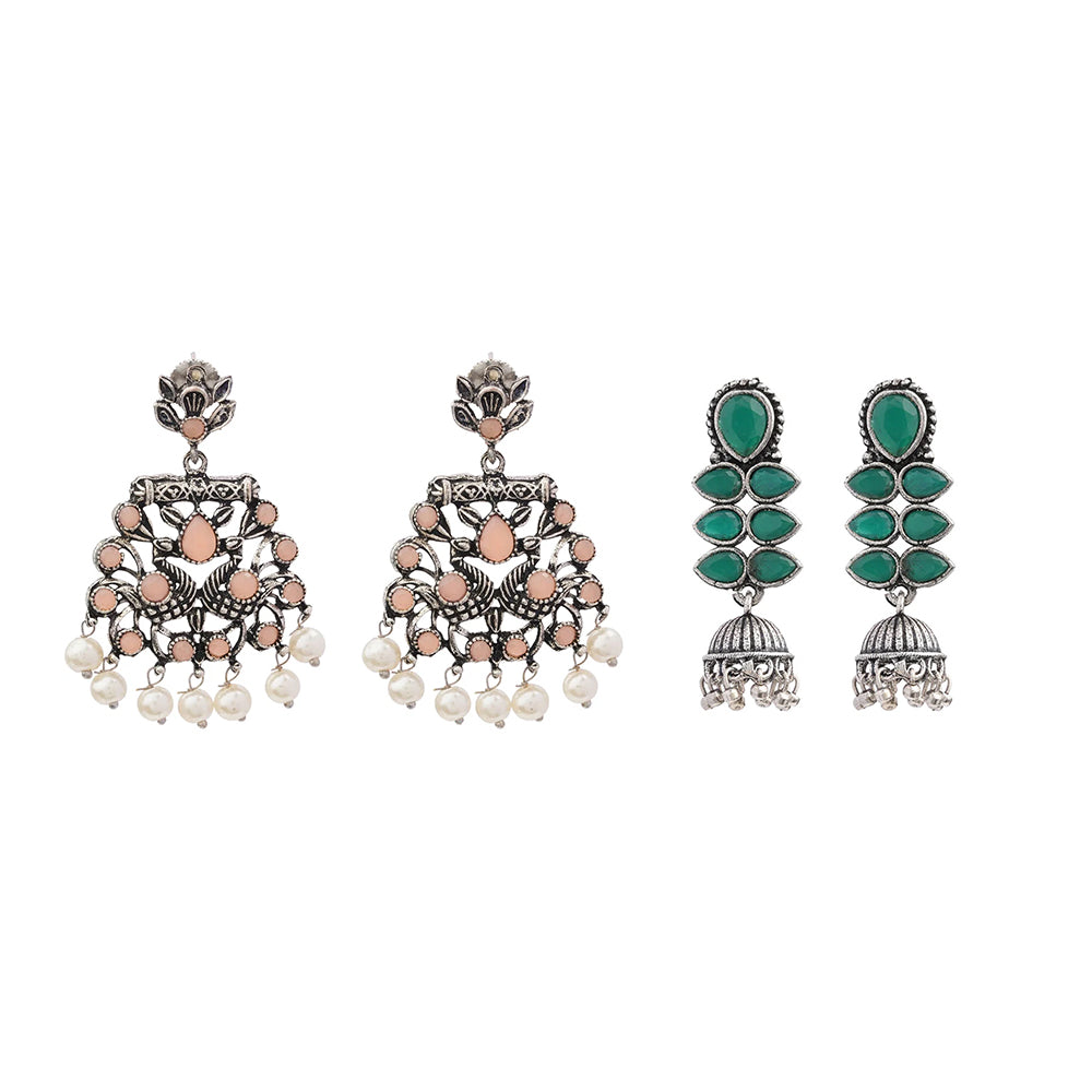 Peacock glow stone studded dangler earrings (Light Orange) Dazzle Dash Jhumki earring (Green) Combo set