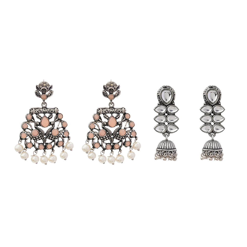 Peacock glow stone studded dangler earrings (Light Orange) Dazzle Dash Jhumki earring (White) Combo set