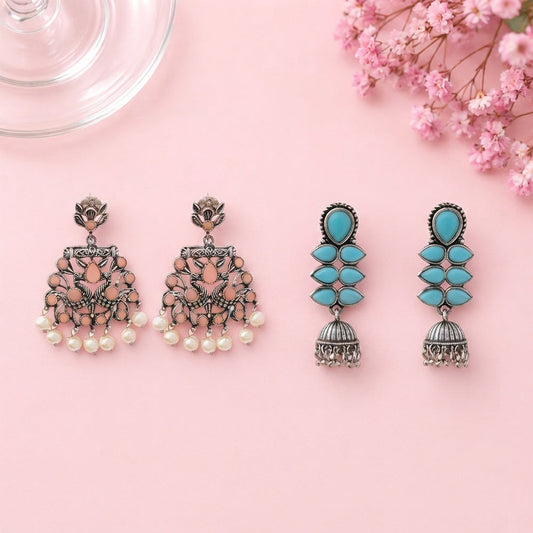 Peacock glow stone studded dangler earrings (Light Orange) Dazzle Dash Jhumki earring (Sky Blue) Combo set