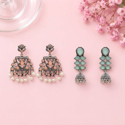 Peacock glow stone studded dangler earrings (Light Orange) Dazzle Dash Jhumki earring (Mint) Combo set
