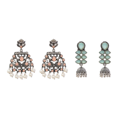 Peacock glow stone studded dangler earrings (Light Orange) Dazzle Dash Jhumki earring (Mint) Combo set