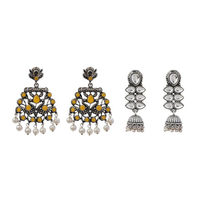 Peacock glow stone studded dangler earrings (Yellow) Dazzle Dash Jhumki earring (White) Combo set