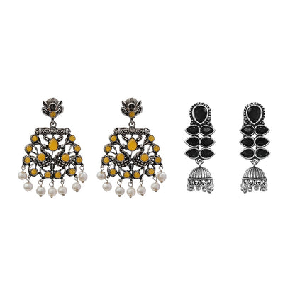 Peacock glow stone studded dangler earrings (Yellow) Dazzle Dash Jhumki earring (Black) Combo set