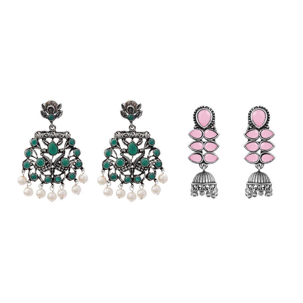 Peacock glow stone studded dangler earrings (Green) Dazzle Dash Jhumki earring (Baby Pink) Combo set
