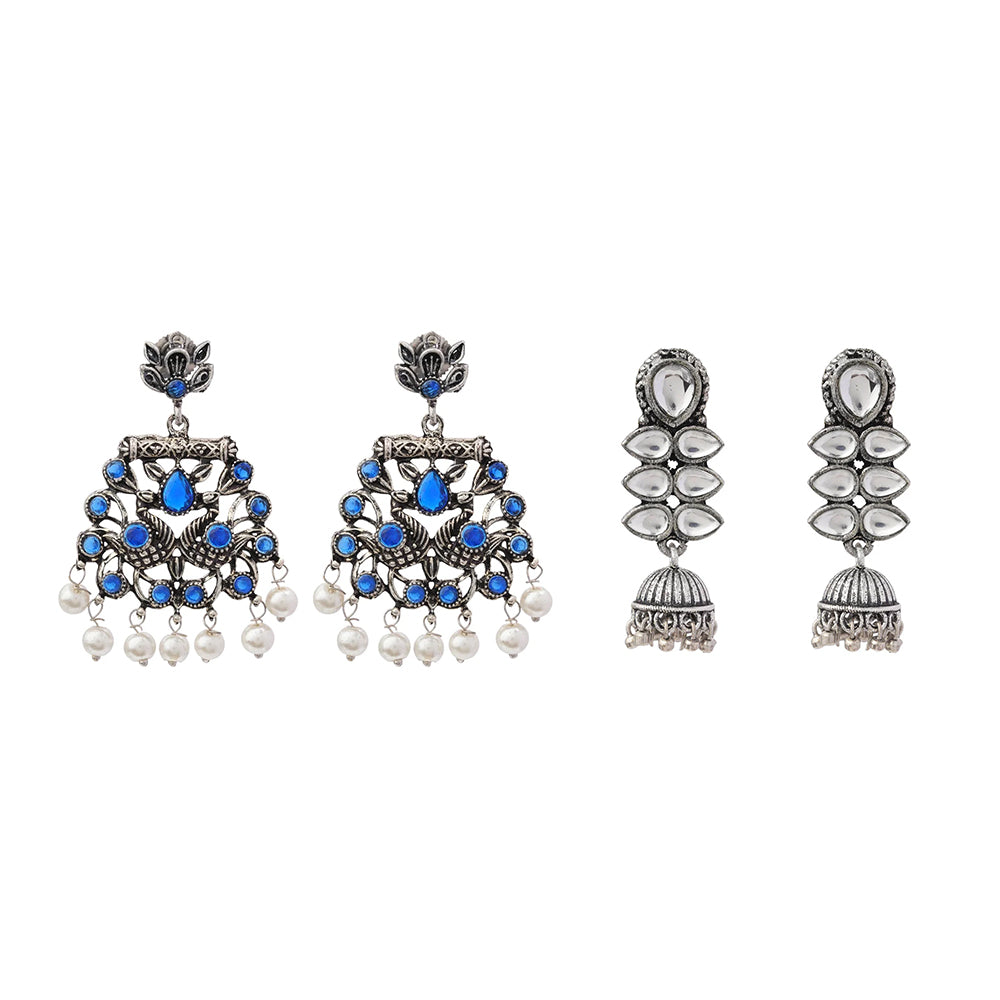 Peacock glow stone studded dangler earrings (Blue) Dazzle Dash Jhumki earring (White) Combo set