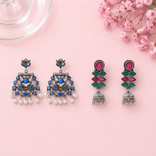 Peacock glow stone studded dangler earrings (Blue) Dazzle Dash Jhumki earring (Multicolored) Combo set