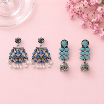 Peacock glow stone studded dangler earrings (Blue) Dazzle Dash Jhumki earring (Sky Blue) Combo set