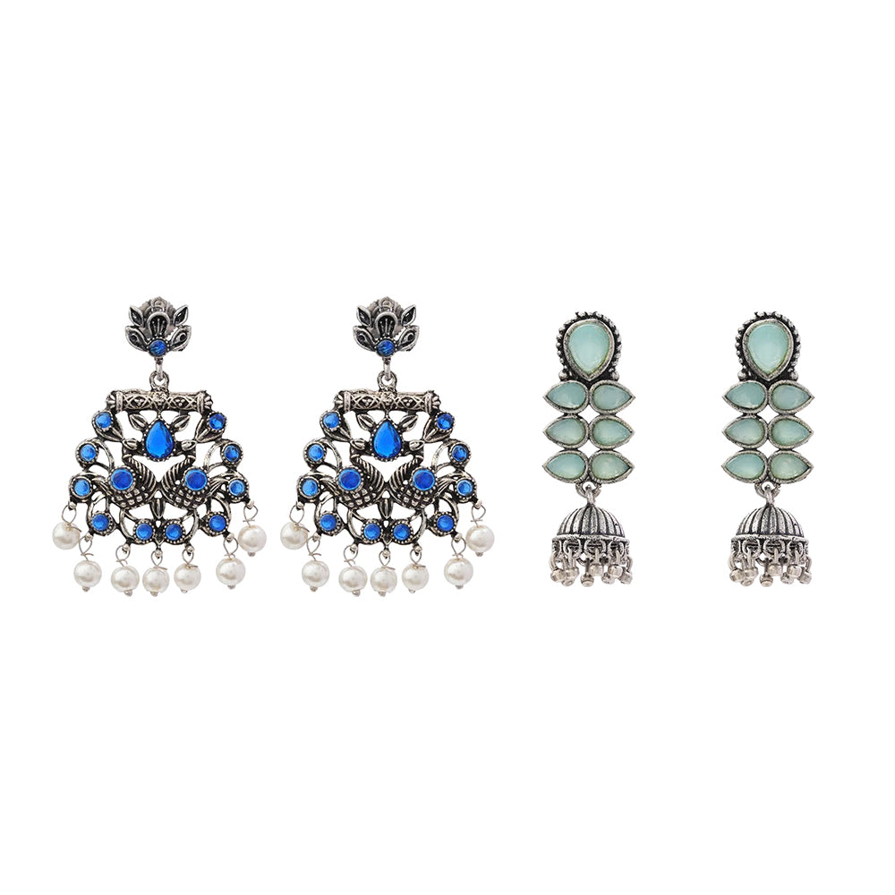 Peacock glow stone studded dangler earrings (Blue) Dazzle Dash Jhumki earring (Mint) Combo set