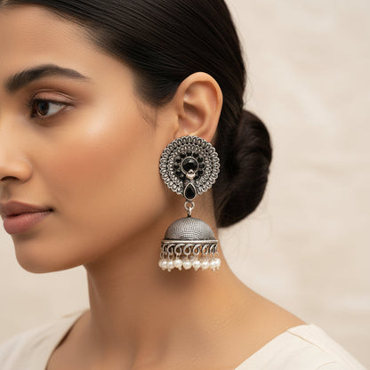 Evergreen earrings (Black) Double boho floral dangler earring (Blue) Combo set