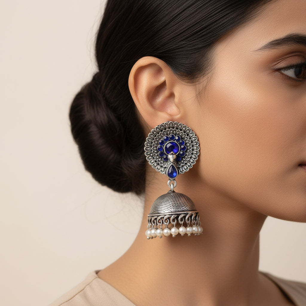 Evergreen earrings (Blue) Kalash Kamal earring (Light Orange) Combo set