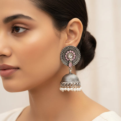 Evergreen earrings (Baby Pink) Double boho floral dangler earring (White) Combo set