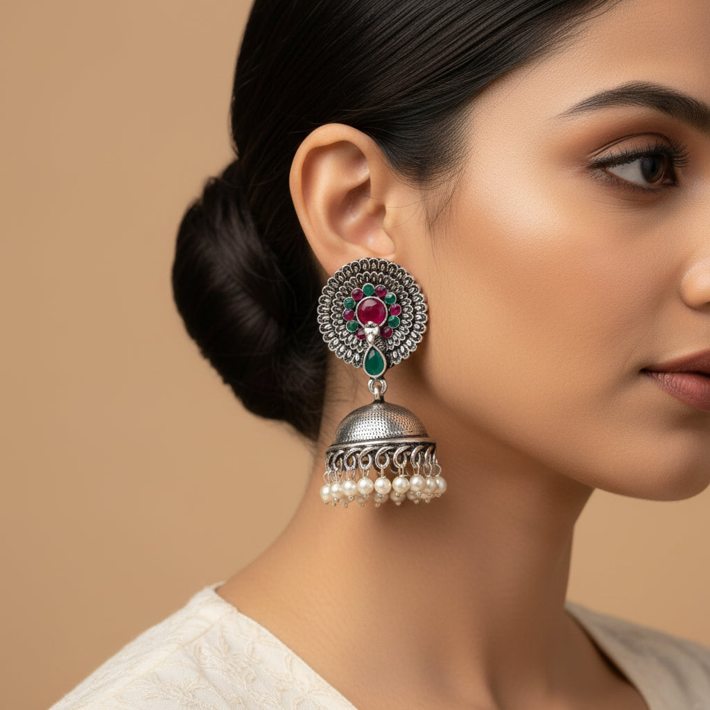 Evergreen earrings (Multicolored) Double boho floral dangler earring (Red) Combo set