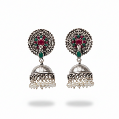 Evergreen earrings (Multicolored) Double boho floral dangler earring (Red) Combo set