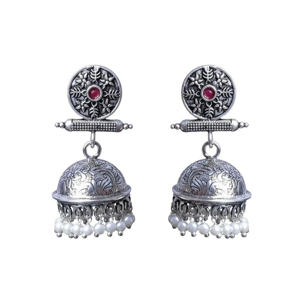 Peacock glow stone studded dangler earrings (White) Charmbell earrings (Red) Combo set