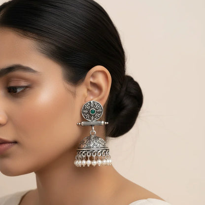 Charmbell earrings (Green) Dazzle Dash Jhumki earring (Multicolored) Combo set
