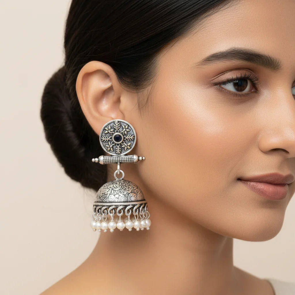 Charmbell earrings (Black) Dazzle Dash Jhumki earring (Blue) Combo set