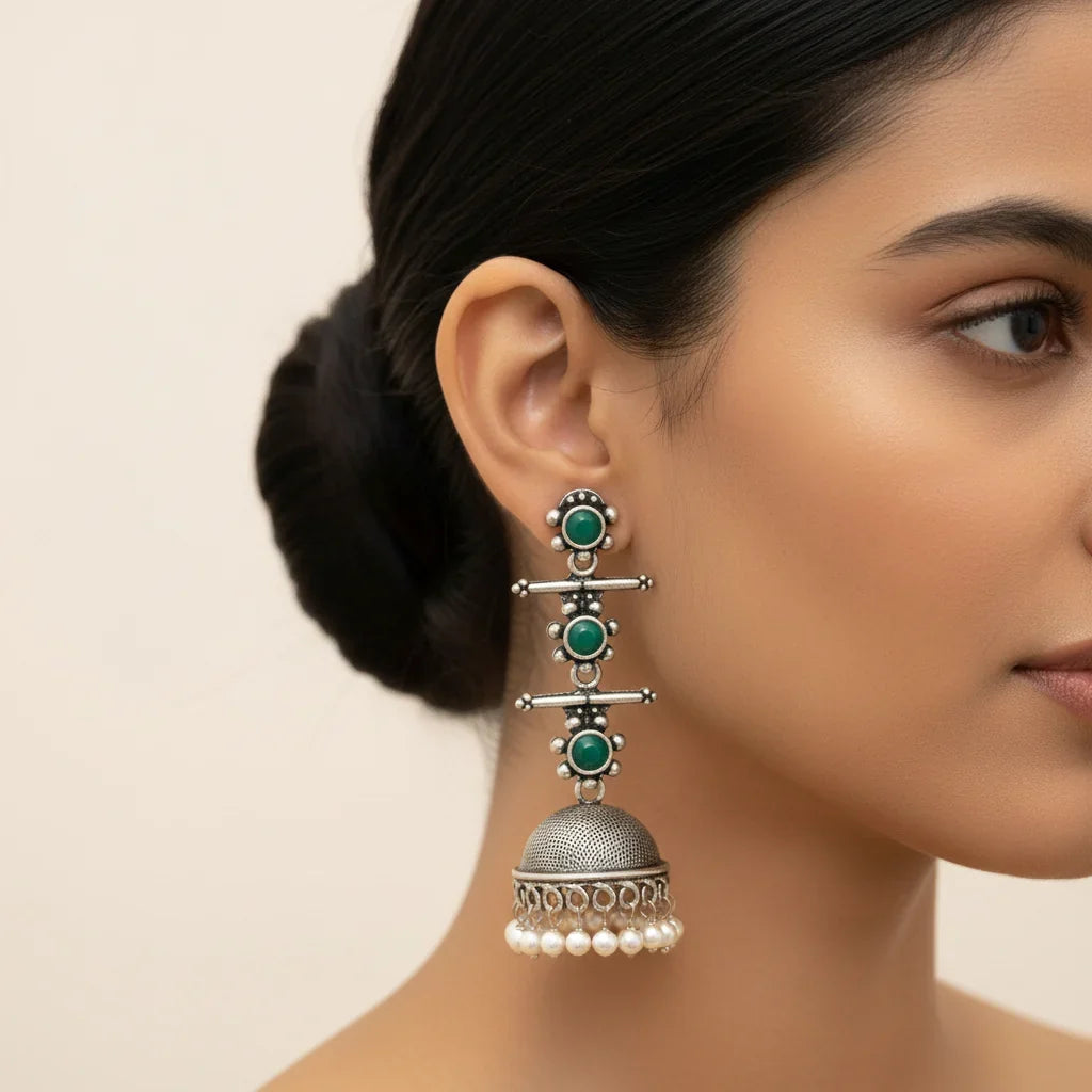 Dazzle Dash Jhumki earring (Black) Royal Triple Bell Layered Earring (Green) Combo set