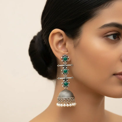 Royal Triple Bell Layered Earring (Green) Meena Manjari stone stud earrings (Silver) Combo set