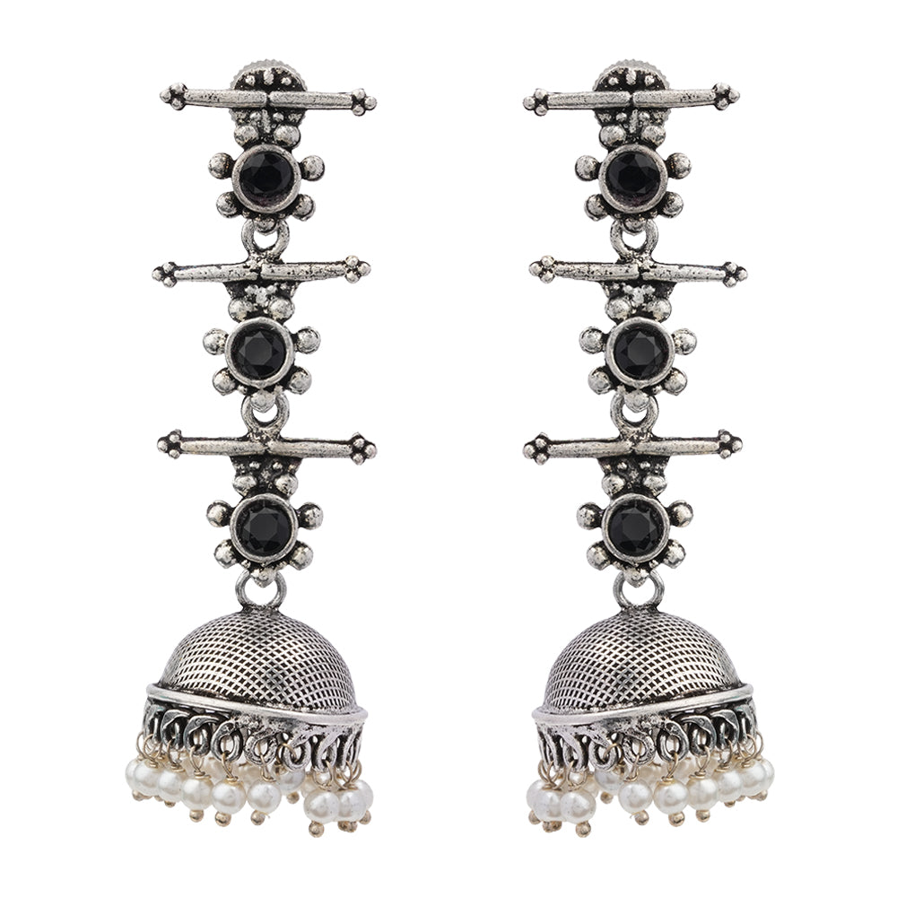 Royal Triple Bell Layered Jhumka Earring (Black) Fine Shine stud earrings (Mint) Combo set