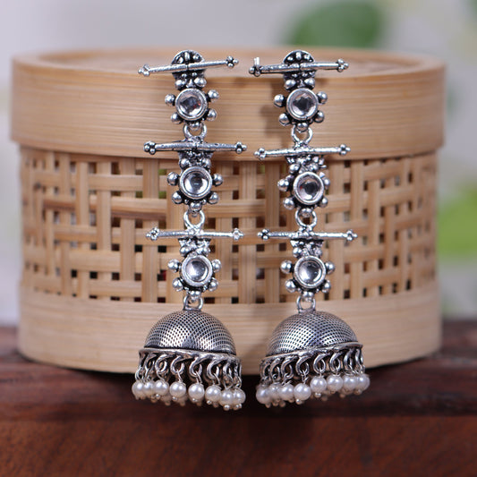 Royal Triple Bell Layered Jhumka Earring (White)