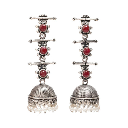 Royal Triple Bell Layered Jhumka Earring (Dark Maroon) Fine Shine stud earrings (Baby Pink) Combo set