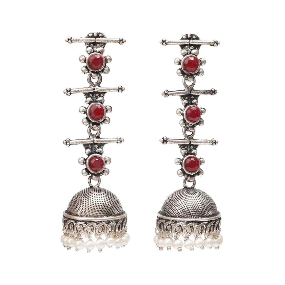 Royal Triple Bell Layered Jhumka Earring (Dark Maroon) Floral Swirl stud earrings (Silver) Combo set