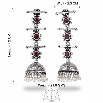 Royal Triple Bell Layered Jhumka Earring (Dark Maroon) Fine Shine stud earrings (Red) Combo set