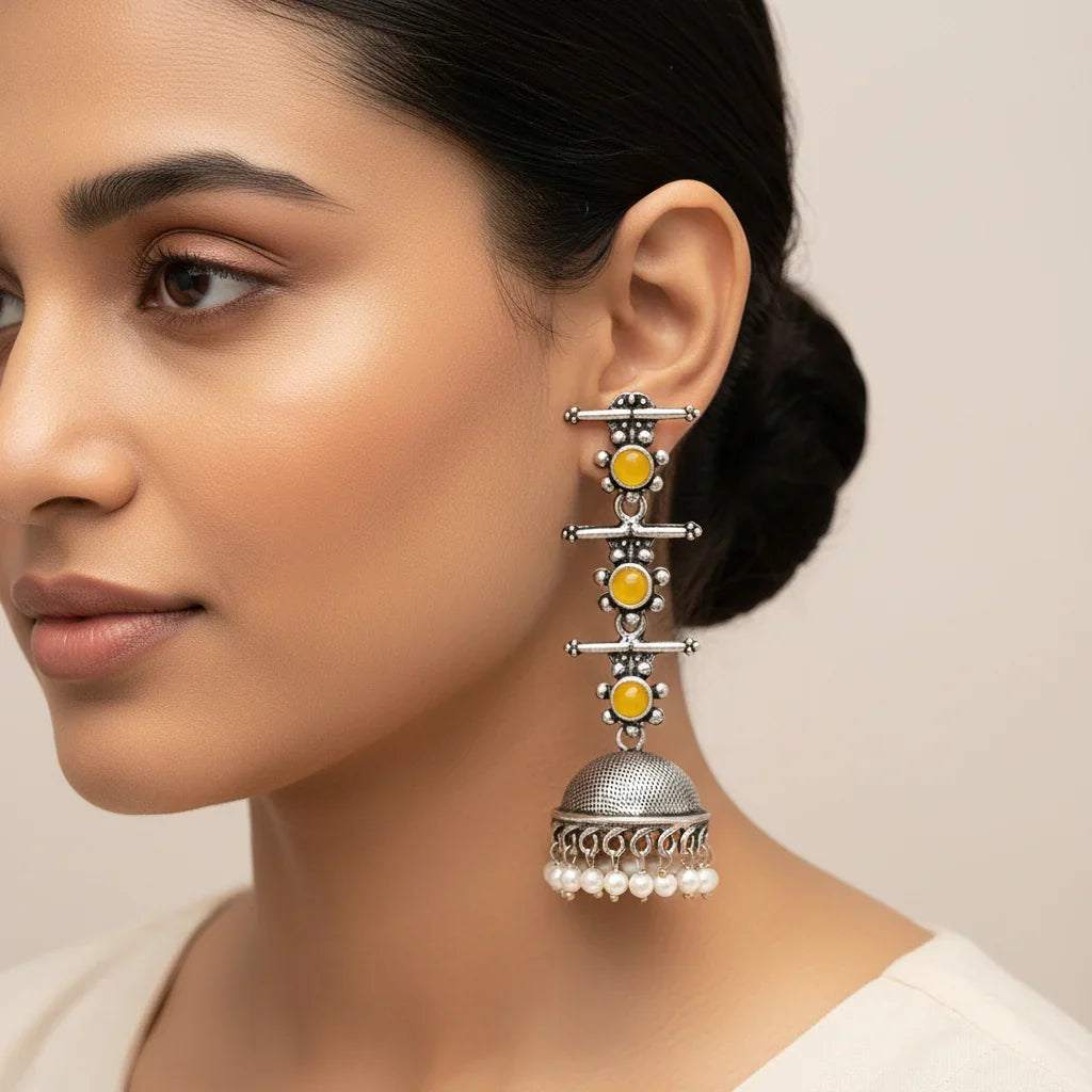 Royal Triple Bell Layered Jhumka Earring (Yellow) Dazzle Dash Jhumki earring (Sky Blue) Combo set
