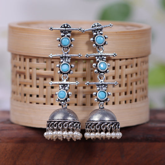 Royal Triple Bell Layered Jhumka Earring (Sky Blue)