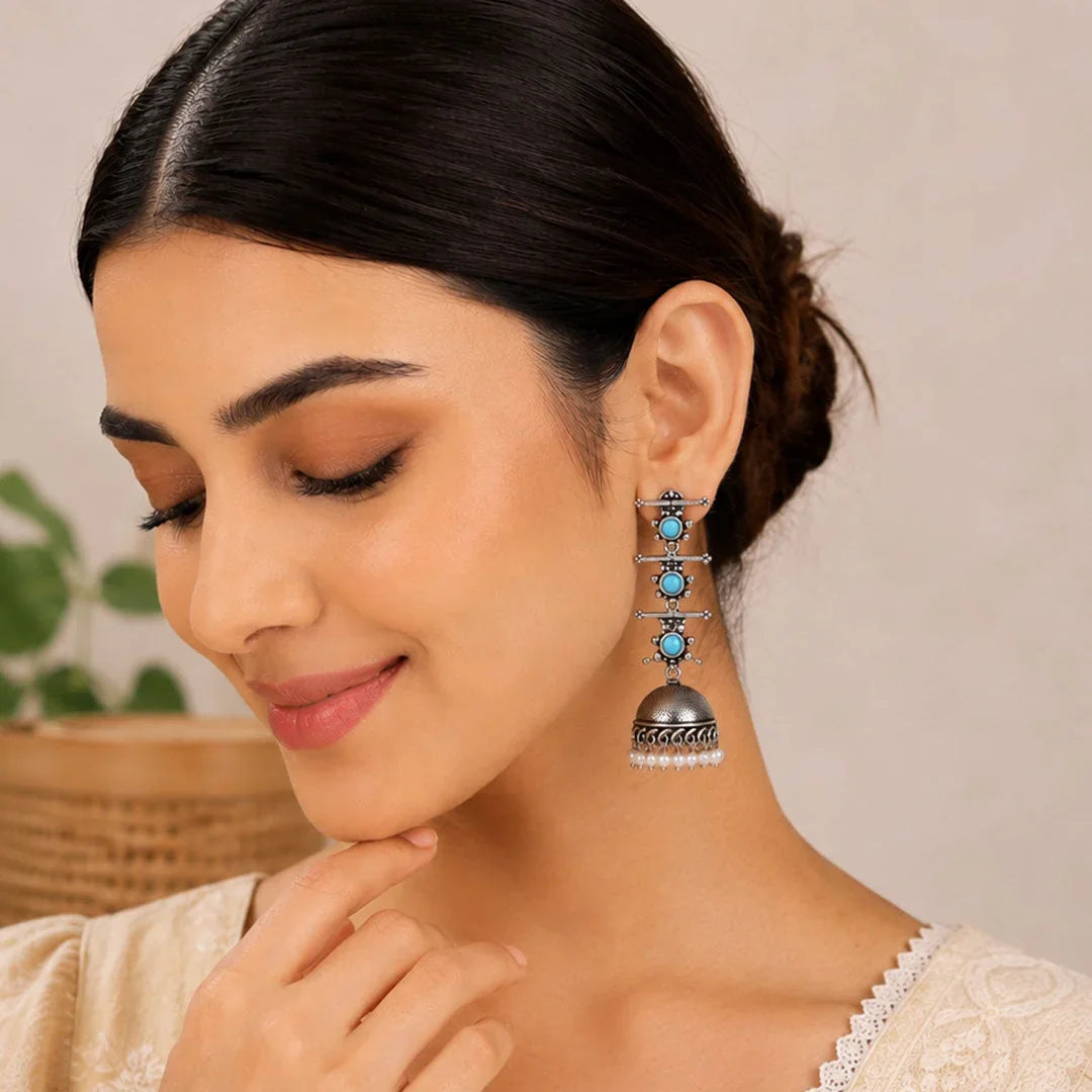 Peacock glow stone studded dangler & Royal Triple Bell Layered Jhumka Combo set