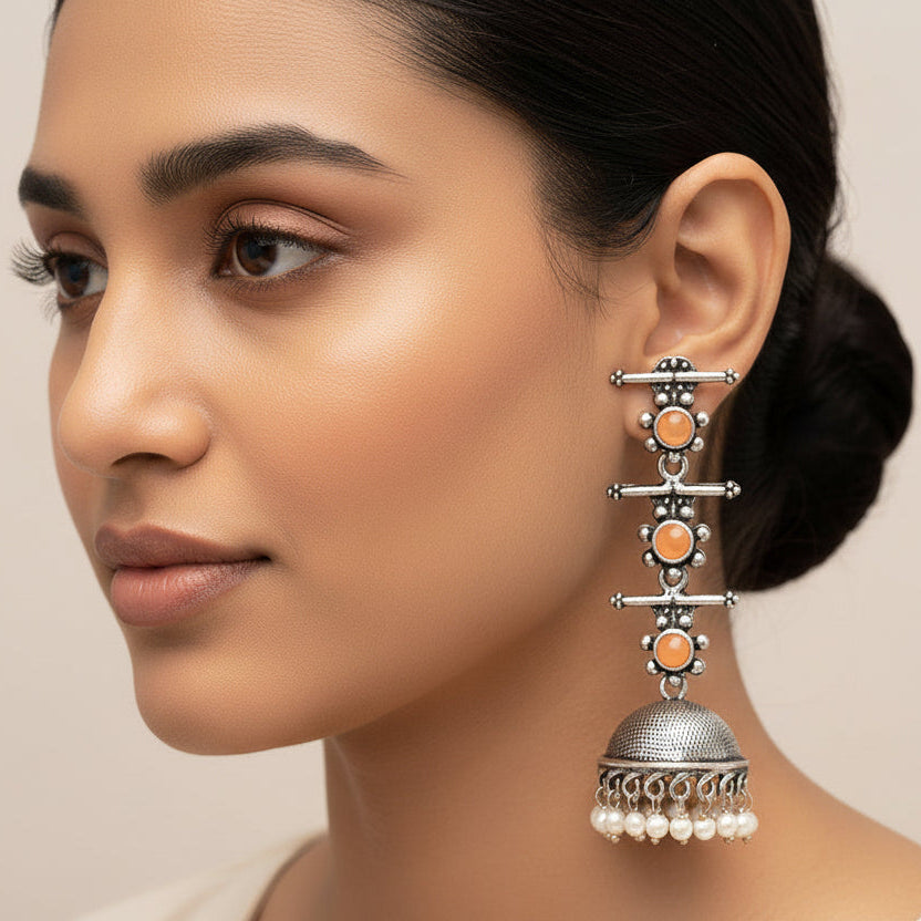 Dazzle Dash Jhumki earring (Baby Pink)&Royal Triple Bell Layered Jhumka Earring (Light Orange) Combo set