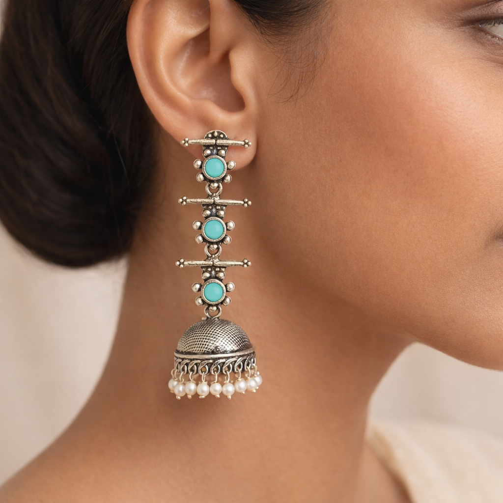 Dazzle Dash Jhumki earring (White)&Royal Triple Bell Layered Jhumka Earring (Mint) Combo set