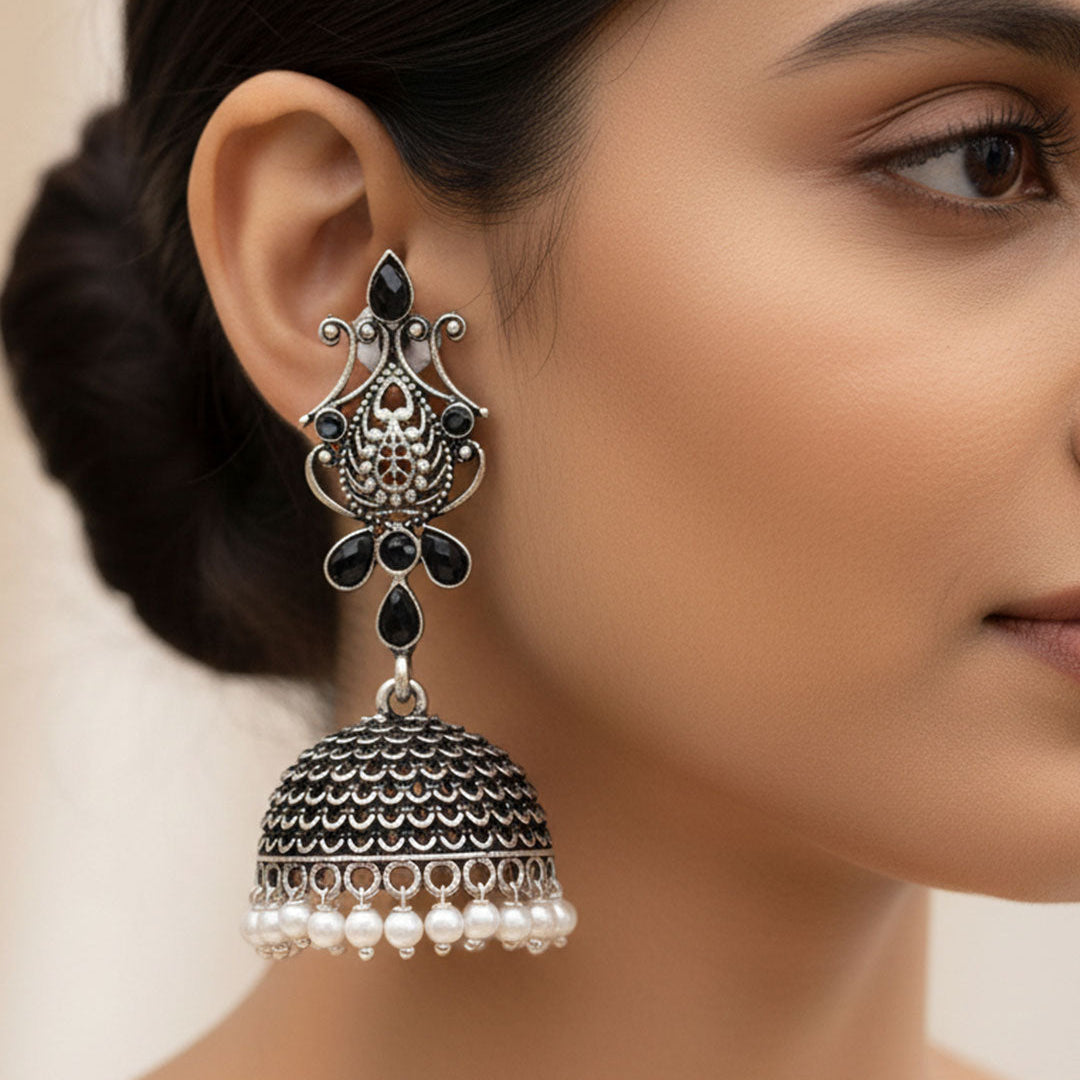 Royal Triple Bell Layered Jhumka Earring (Black) Kalash Kamal earring (Black) Combo set