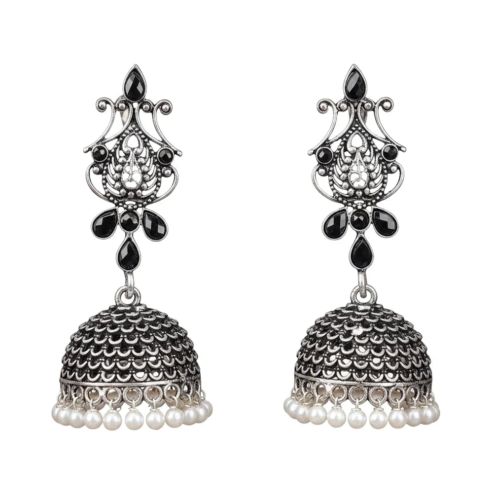 Peacock glow stone studded dangler earrings (White) Kalash Kamal earring (Black) Combo set