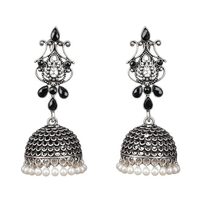 Peacock glow stone studded dangler earrings (White) Kalash Kamal earring (Black) Combo set