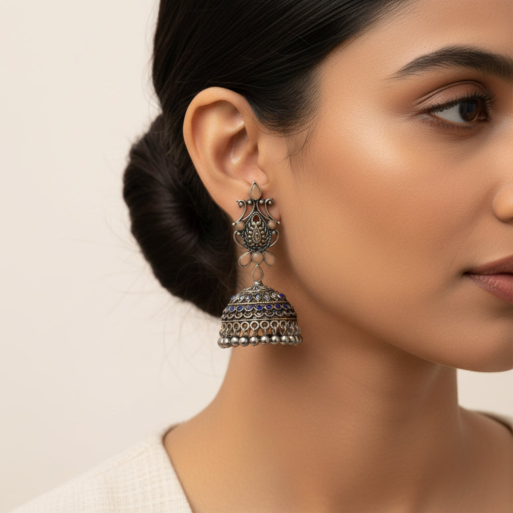 Kalash Kamal Jhumka earring (Light Orange)&Glass drops Dangler Earrings (Green) Combo set