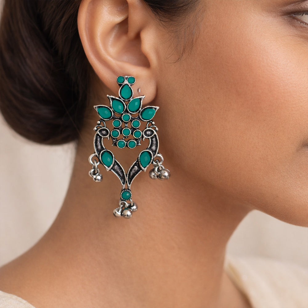 Royal Triple Bell Layered Jhumka Earring (Dark Maroon) Tint and Twinkle earrings (Green) Combo set