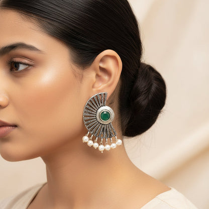 Royal Triple Bell Layered Jhumka Earring (Dark Maroon) Bloom Arc pearl stud earring (Green) Combo set