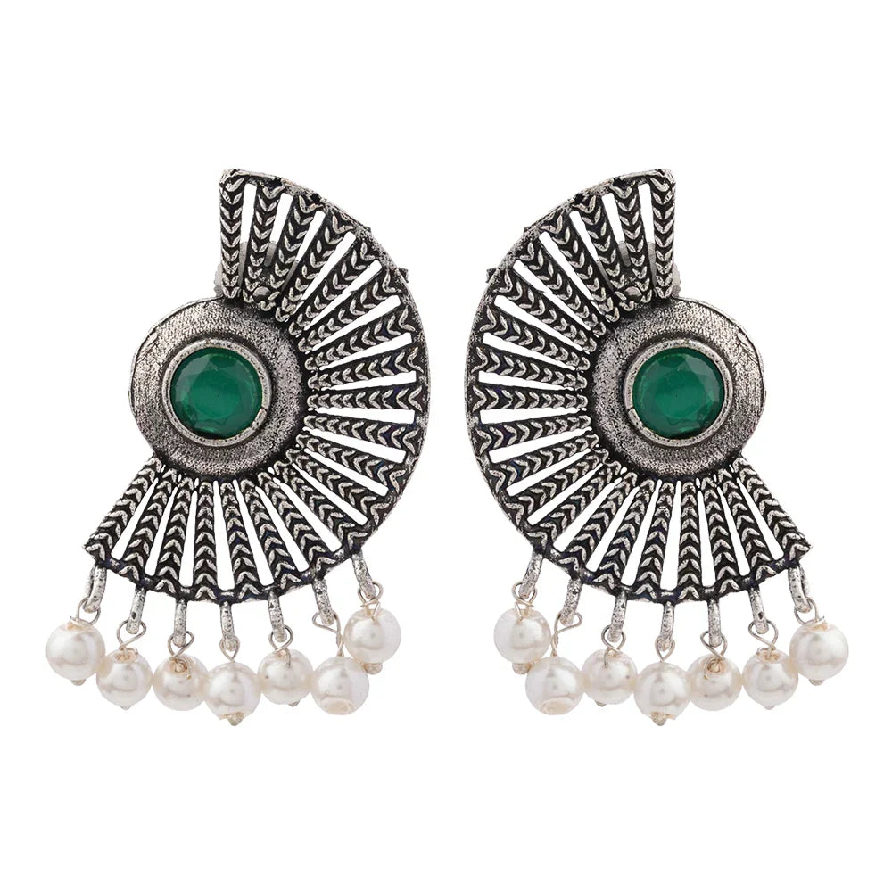 Royal Triple Bell Layered Jhumka Earring (Black) Bloom Arc pearl stud earring (Green) Combo set