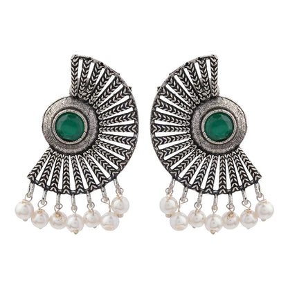 Royal Triple Bell Layered Jhumka Earring (Black) Bloom Arc pearl stud earring (Green) Combo set