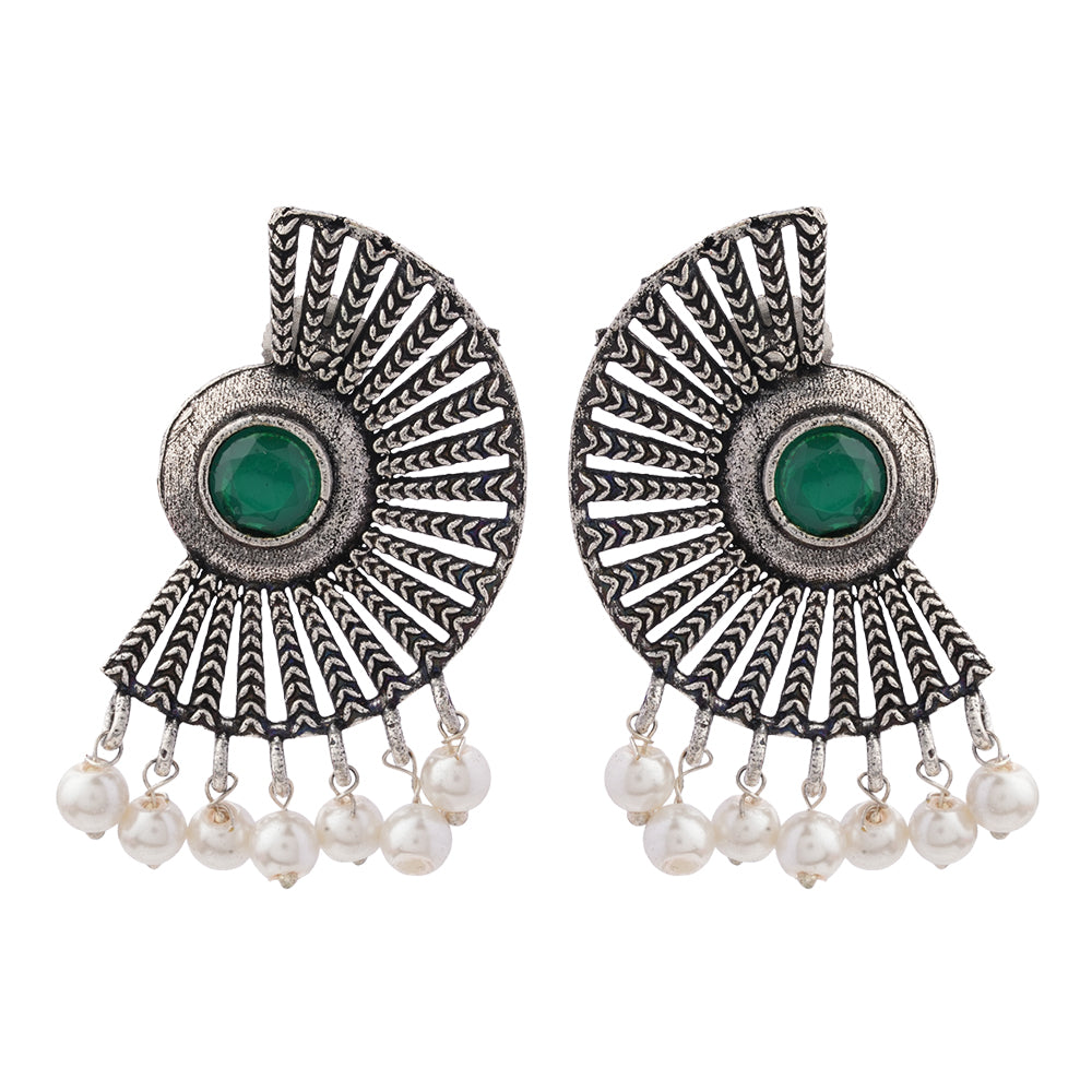 Royal Triple Bell Layered Jhumka Earring (Dark Maroon) Bloom Arc pearl stud earring (Green) Combo set